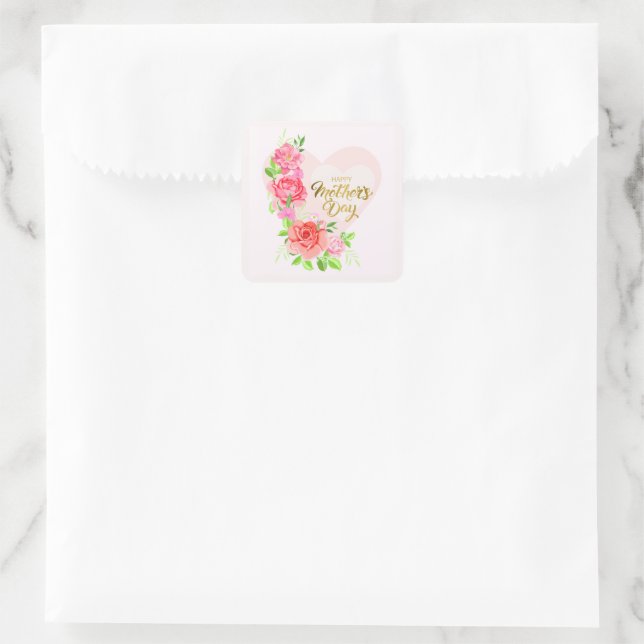 Elegant Heart Happy Mother’s Day – Rose Floral Square Sticker (Bag)