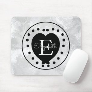 Elegant Heart Initial Letter Monogram Black White Mouse Pad