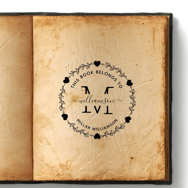 Elegant heart Monogram Wreath Book Owner Rubber Stamp (Creator Uploaded)