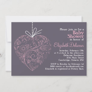 Elegant Heart Ornament Purple Baby Shower Invitation