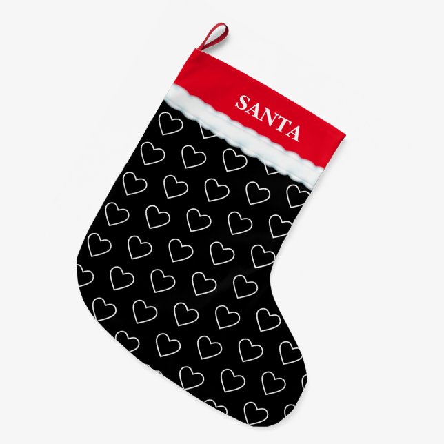 Elegant Heart Pattern  on Black Large Christmas Stocking (Front (Hanging))