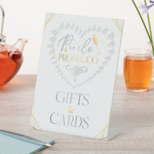 Elegant Heart Pearls & Prosecco Gold Bridal Shower Pedestal Sign