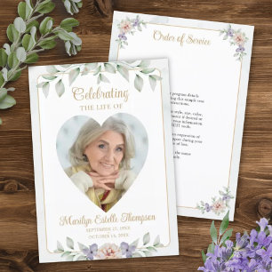 Elegant Heart Photo Watercolor Floral Memorial Program