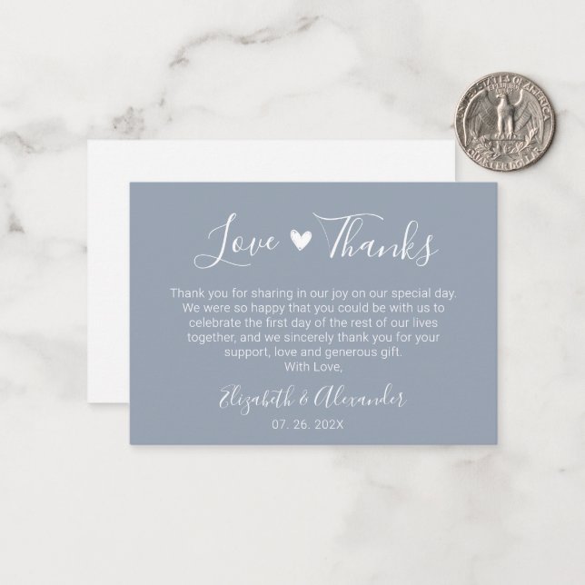 Elegant Heart Script Dusty Blue Wedding Thank You Card (Front/Back In Situ)