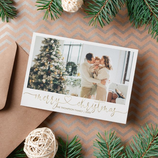 Elegant Heart Script Gold Merry Christmas Photo  Holiday Card (Creator Uploaded)