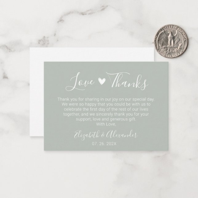 Elegant Heart Script Sage Green Wedding Thank You Card (Front/Back In Situ)