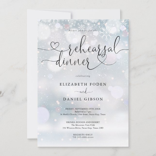 Elegant Heart Script Winter Rehearsal Dinner Invitation (Front)
