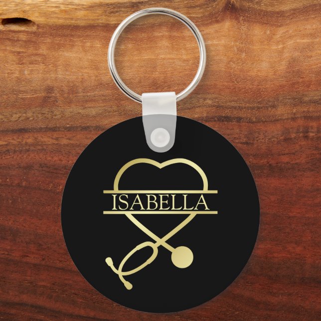 Elegant Heart Stethoscope Black Gold Add Name Key Ring (Front)