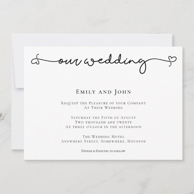 Elegant Heart Swash Script Black Text Wedding Invitation (Front)