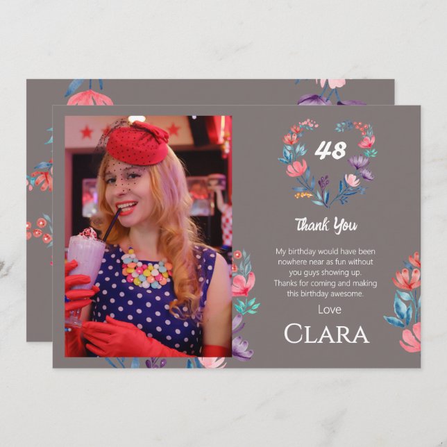 Elegant heart watercolor floral birthday thank you invitation (Front/Back)