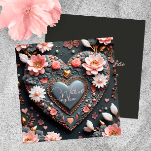 Elegant Heart with Flowers Golden Accents & Pearls Card