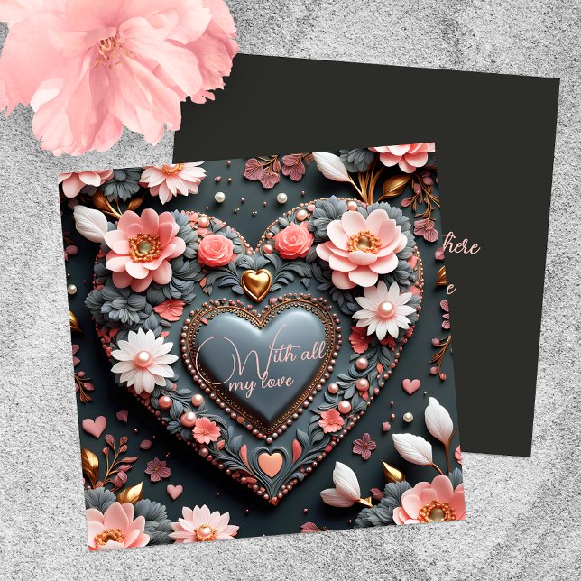 Elegant Heart with Flowers Golden Accents & Pearls Card (Creator Uploaded)
