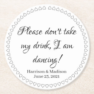 Elegant hearts custom text names date wedding round paper coaster
