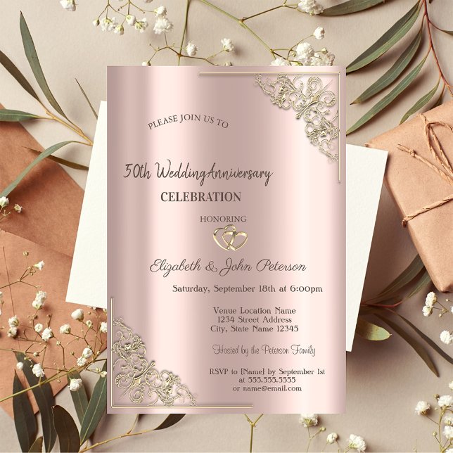 Elegant Hearts Frame Rose Gold Wedding Invitation (Creator Uploaded)