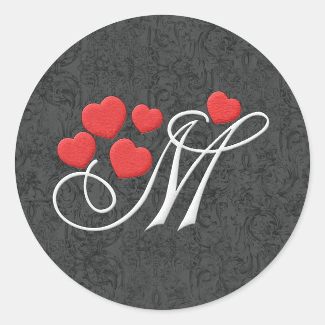 Elegant hearts letter M Classic Round Sticker (Front)