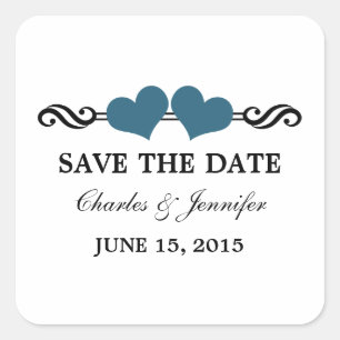 Elegant Hearts Save the Date Stickers, Blue Square Sticker