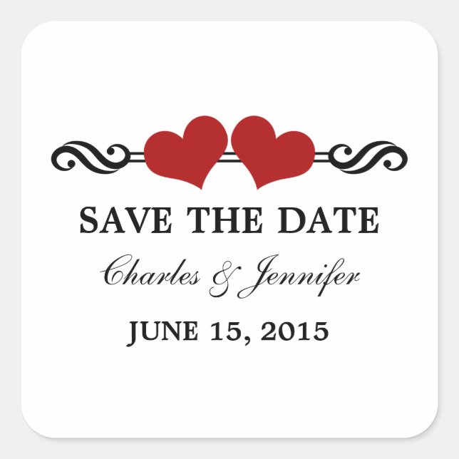 Elegant Hearts Save the Date Stickers, Red Square Sticker (Front)
