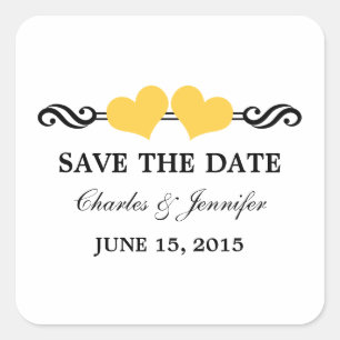 Elegant Hearts Save the Date Stickers, Yellow Square Sticker