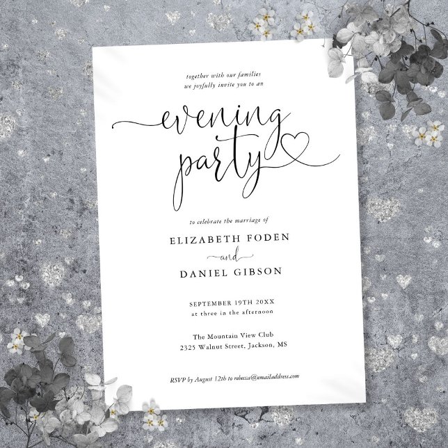 Elegant Hearts Script Wedding Evening Party Invitation (Elegant Hearts Script Wedding Evening Party Invitation)