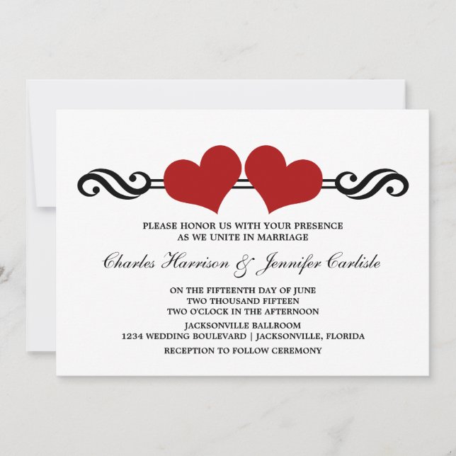 Elegant Hearts Wedding Invitation, Red Invitation (Front)