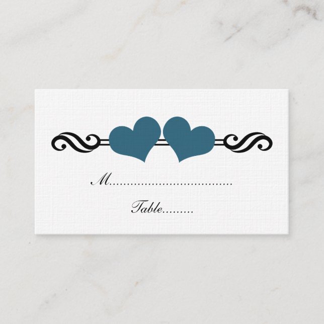 Elegant Hearts Wedding Place Card, Blue Card (Front)