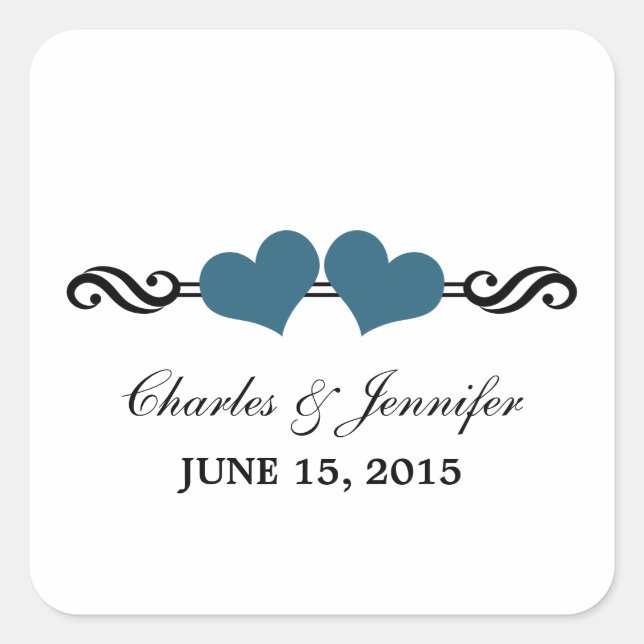 Elegant Hearts Wedding Stickers, Blue Square Sticker (Front)