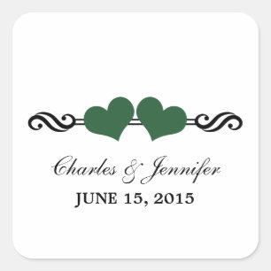 Elegant Hearts Wedding Stickers, Green Square Sticker