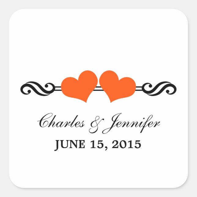 Elegant Hearts Wedding Stickers, Orange Square Sticker (Front)