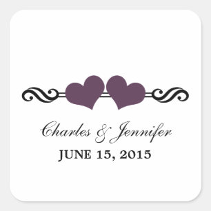 Elegant Hearts Wedding Stickers, Purple Square Sticker