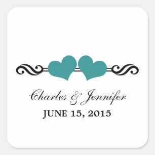 Elegant Hearts Wedding Stickers, Teal Square Sticker