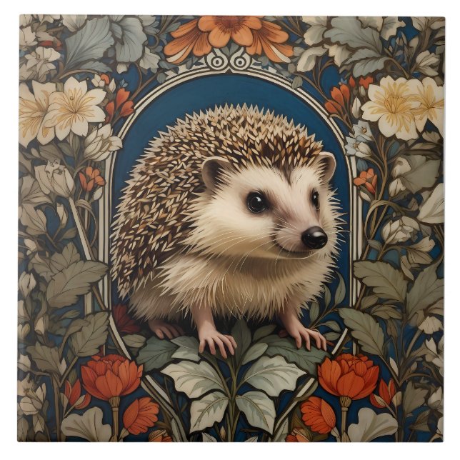 Elegant Hedgehog William Morris Inspired Ceramic Tile (Front)