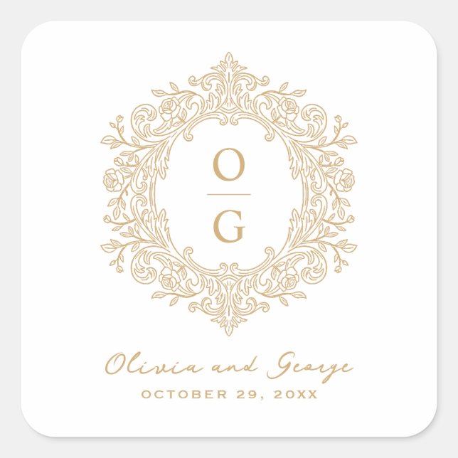 Elegant Heirloom Gold Wedding Monogram Square Sticker (Front)
