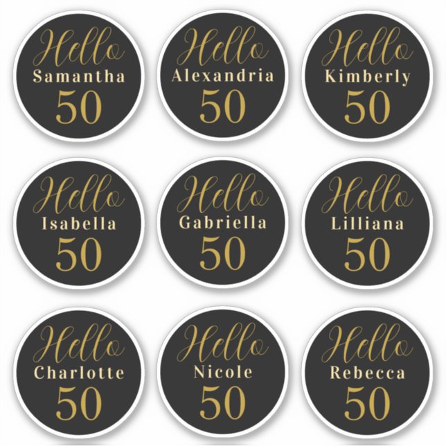 Elegant Hello 50 Black Gold Personalised Names (Front)