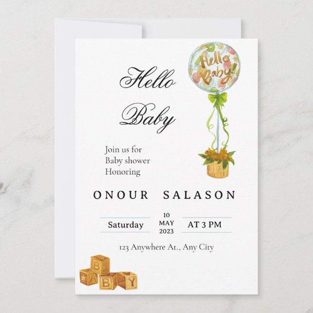 Elegant Hello Baby Balloon Shower Invitation (Front)