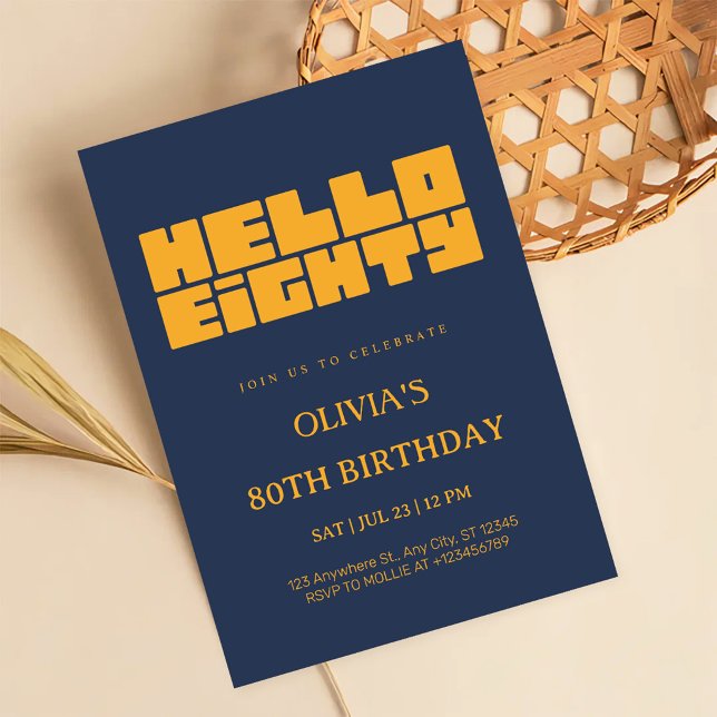 Elegant Hello Eighty Navy Blue 80th Birthday Invitation (Creator Uploaded)