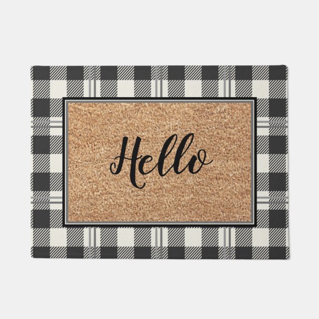 Elegant Hello Faux Coir Buffalo Plaid Design Doormat (Front)