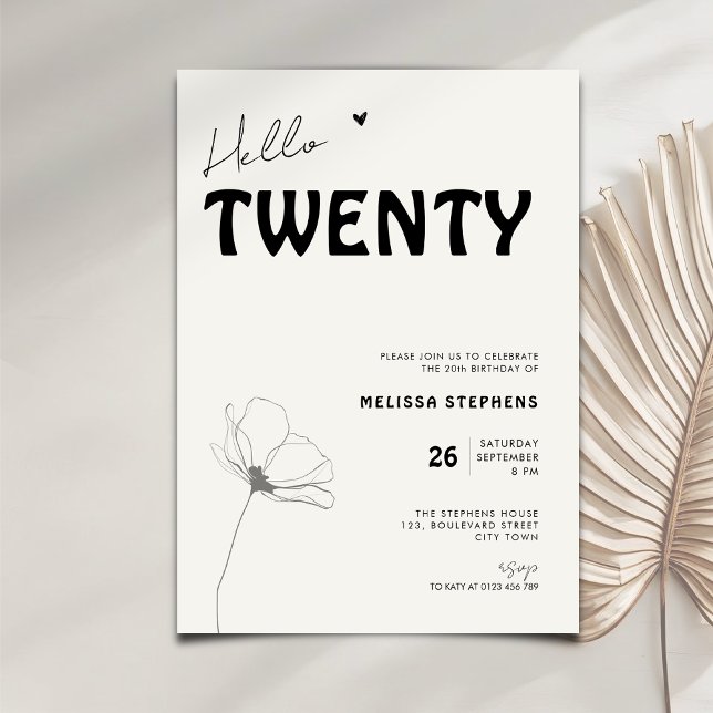 Elegant Hello Twenty Bold Typography 20th Birthday Invitation (Creator Uploaded)