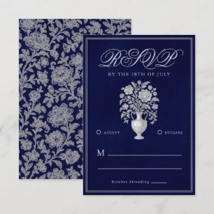 Elegant Heritage Flower Vase Navy Wedding RSVP Card