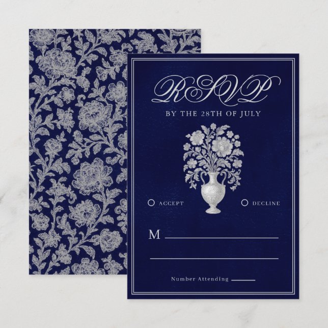 Elegant Heritage Flower Vase Navy Wedding RSVP Card (Front/Back)