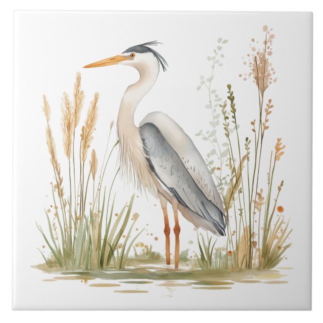 Elegant Heron Lake and Rushes Ceramic Tile (Front)