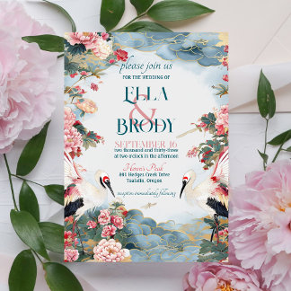 Elegant Heron Peonies with Custom Photo Wedding  Invitation