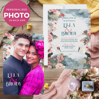 Elegant Heron Peonies with Custom Photo Wedding  Invitation