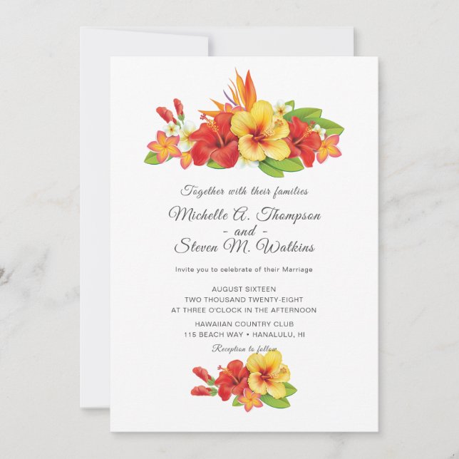 Elegant Hibiscus Tropical Floral Wedding Invitation (Front)