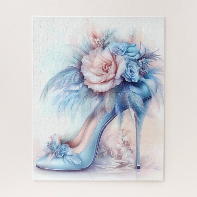 Elegant High Heel Soft Blue Floral Stiletto  Jigsaw Puzzle (Vertical)