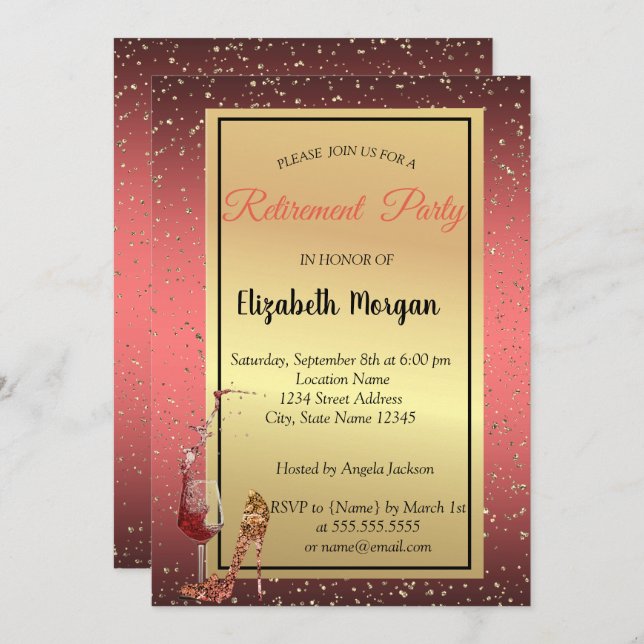 Elegant High Heel, Wine Glass Red Retirement Party Invitation (Front/Back)