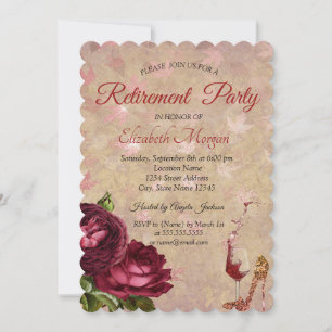 Elegant High Heel, Wine Glass, Roses Retirement  Invitation