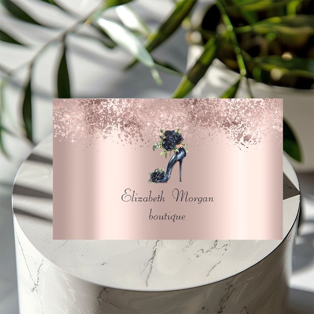 Elegant High Heels Black Roses Glitter Rose Gold Business Card (Creator Uploaded)