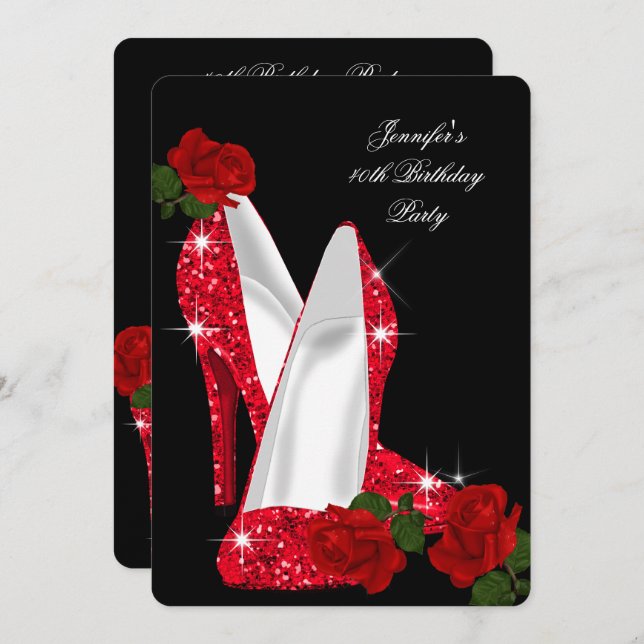 Elegant High Heels Red Rose Black Birthday Party Invitation (Front/Back)