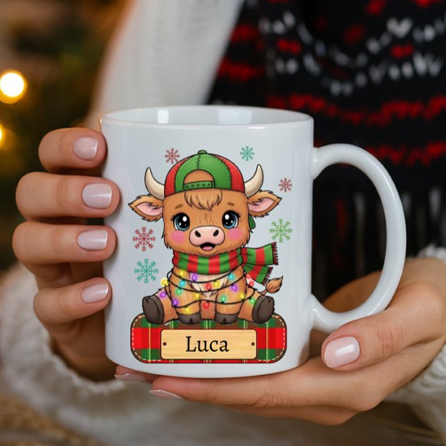 Elegant Highland Cow Personalised Name Christmas Coffee Mug (Creator Uploaded)