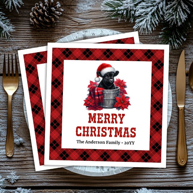 Elegant highland cow red black plaid Xmas napkins (Elegant highland cow red black plaid Xmas napkin)